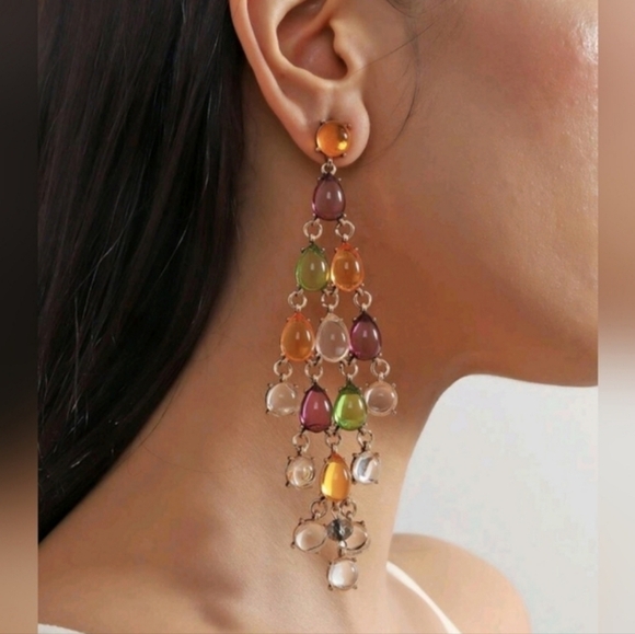 NWT Bohemian Colorful Crystal Dangle Gold Chandelier Earrings - Picture 5 of 15